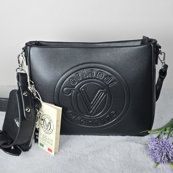 Valentino Orlandi Women's Black Vegan Leather Shoulder Embossed Logo Handbag New